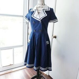 Hell Bunny Navy Sailor Dress White Trim Buttons Cosplay Halloween Nautical M NWT